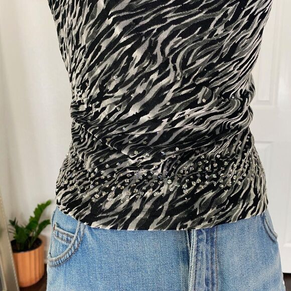Express Early 2000’s Slinky Silver Black Zebra Velvet Sequin Halter Cami Top M - Picture 5 of 7